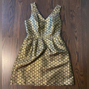 J. Crew Gold Black Metallic Polka Dot Dress v-neck size 8